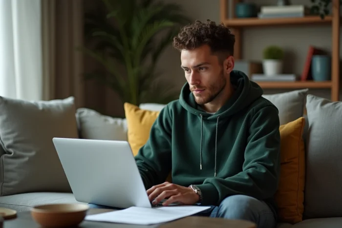 Jeune homme consultant son bail de location en ligne sur un ordinateur portable depuis son salon