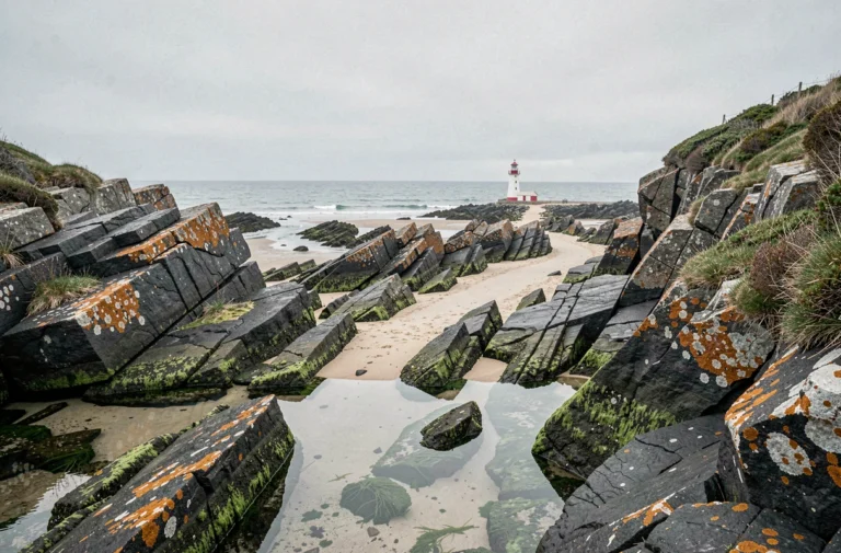Côte rocheuse bretonne avec granit sombre, lichens et vue sur un phare typique de Bretagne