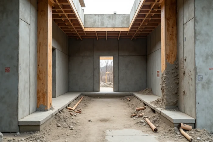 Coupe transversale d'un bâtiment en construction révélant les couches structurelles des murs, dalles et isolants