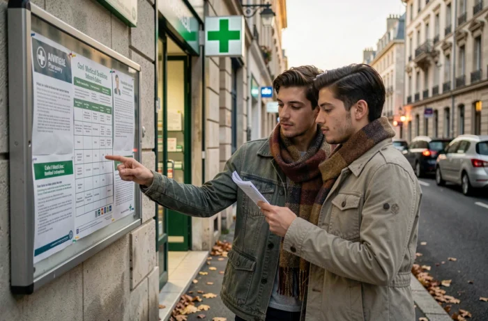 Couple consultant l'affichage des médecins de garde devant une pharmacie de quartier