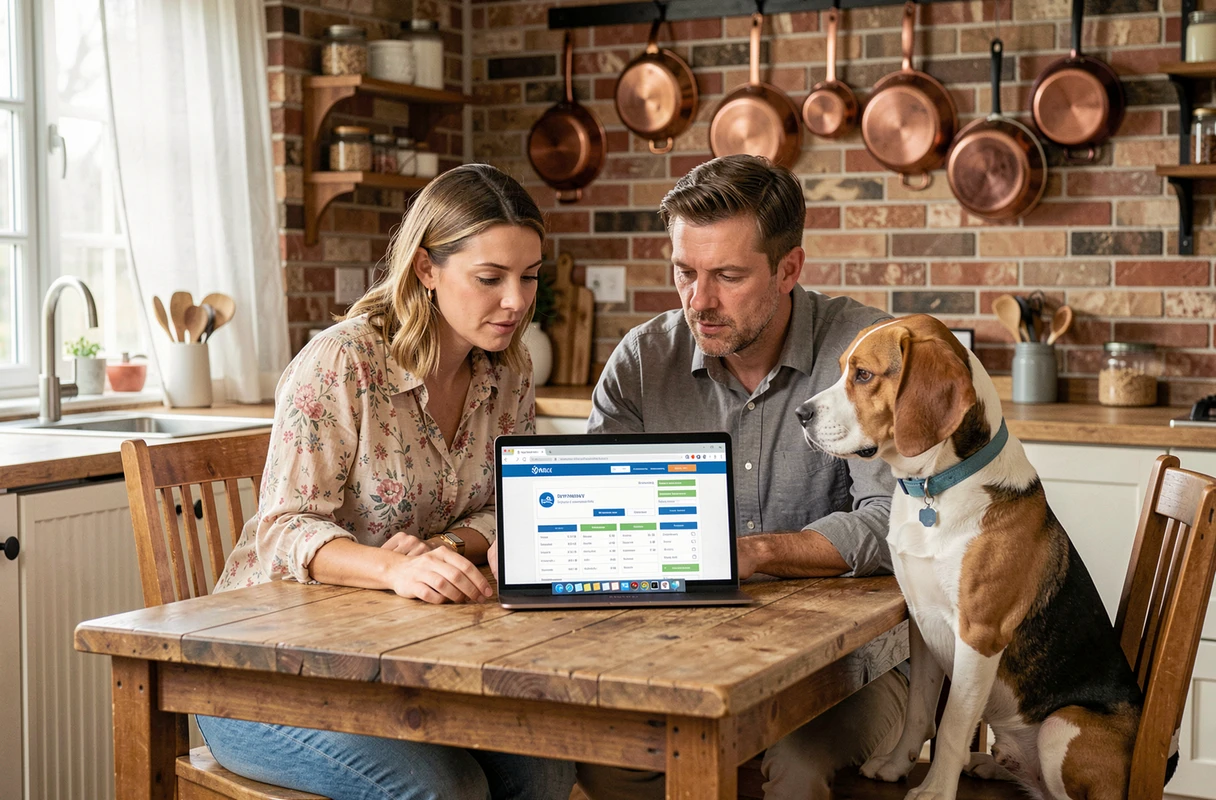 Couple comparant des offres d'assurance pour animaux sur ordinateur avec leur beagle dans une cuisine familiale