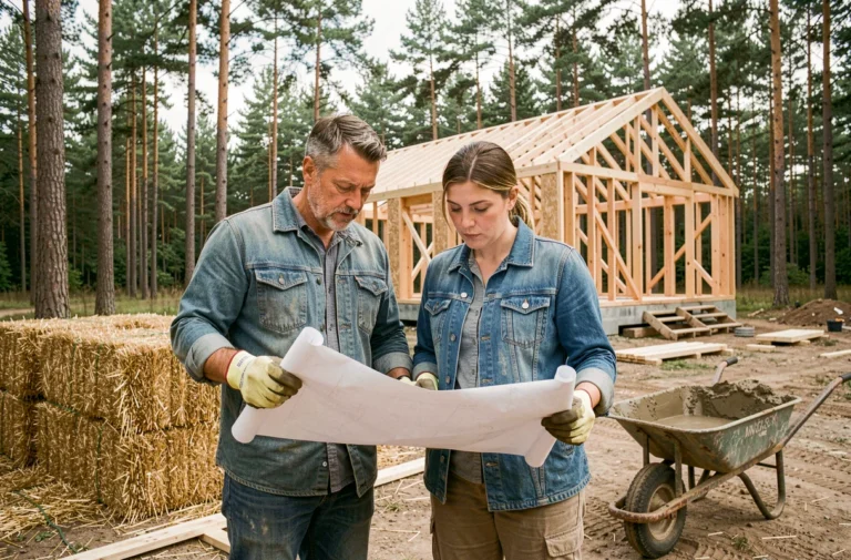 Un couple examine des plans architecturaux devant une maison écologique en cours de construction avec des matériaux naturels comme la paille et l'argile