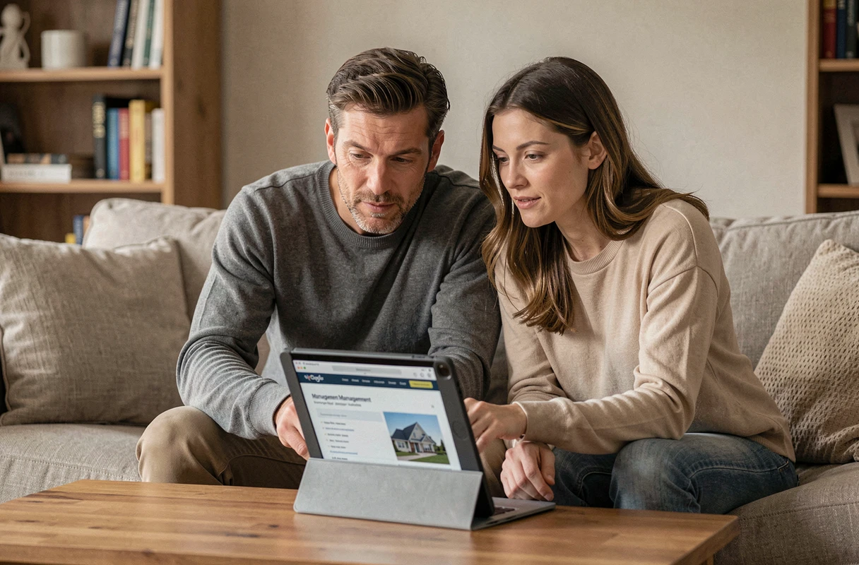Couple consultant l'espace client MyFoncia sur une tablette pour gérer leur logement en ligne