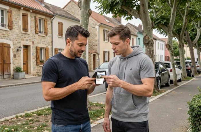 Couple consultant l'application de prix immobiliers devant des maisons d'un quartier résidentiel français