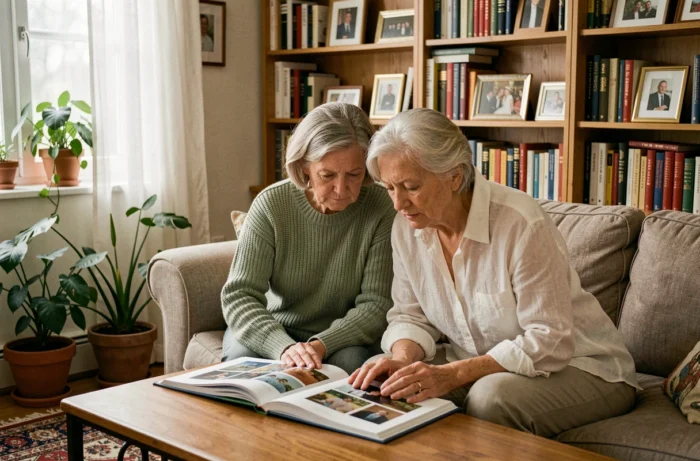 Deux femmes feuilletant un album photo dans un salon chaleureux, symbolisant une vie commune discrète et une relation durable.