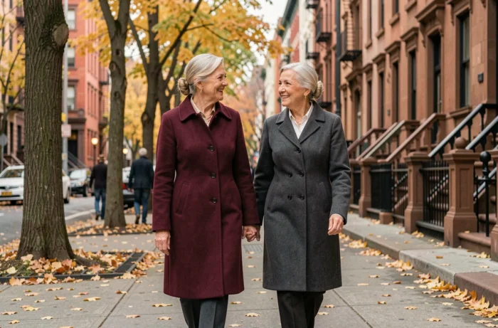 Deux femmes marchant ensemble dans une rue bordée d'arbres en automne, évoquant une complicité et une vie partagée discrète.