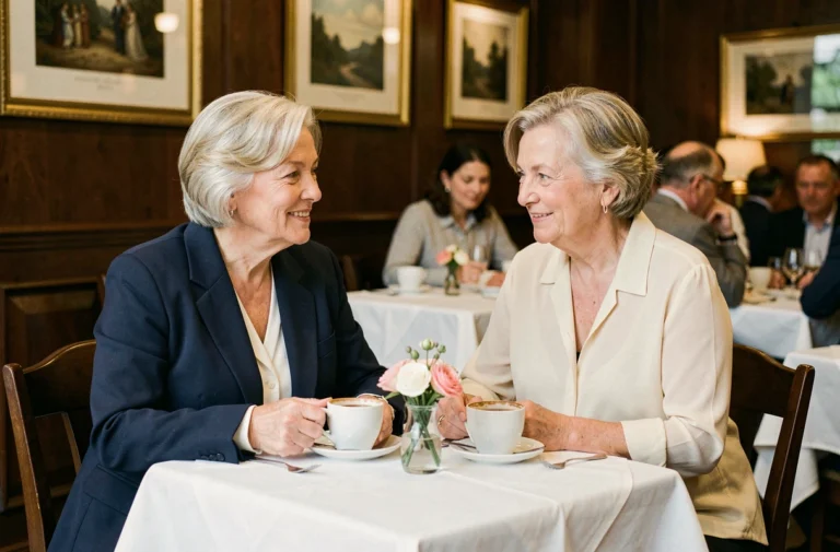 Deux femmes élégantes partageant un moment intime dans un restaurant raffiné, illustrant une relation discrète et complice.