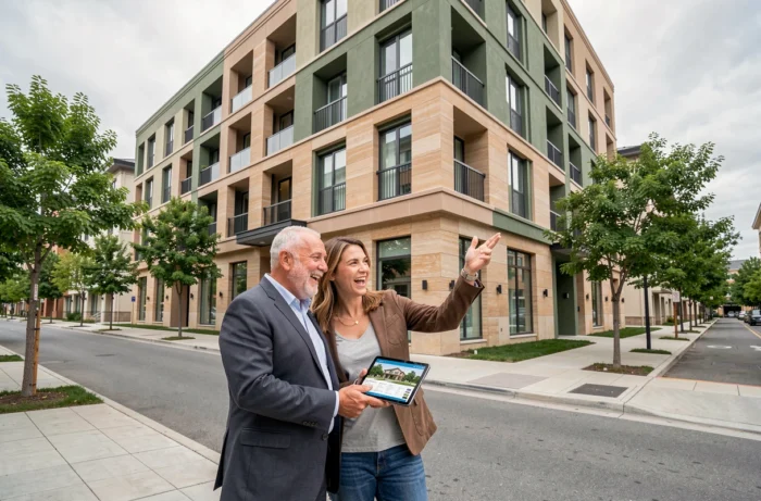 Couple devant un immeuble résidentiel neuf consultant une tablette avec des annonces immobilières