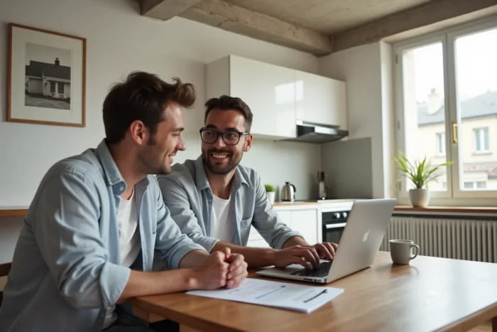 Couple de jeunes investisseurs consultant des annonces immobilières en ligne chez eux