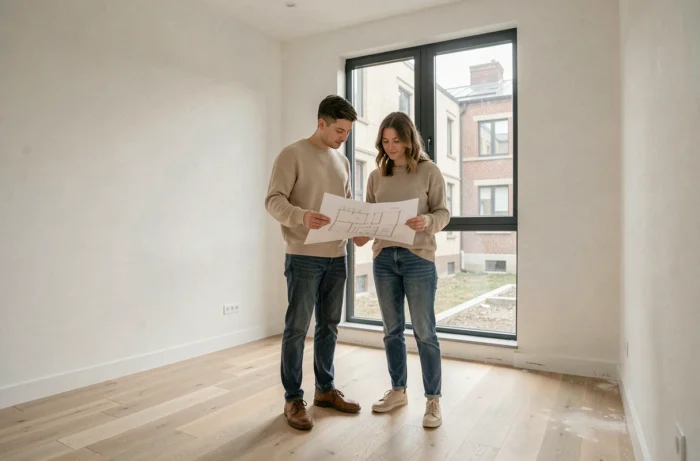 Couple de futurs parents examinant le plan d'un appartement T3 pour aménager une chambre enfant