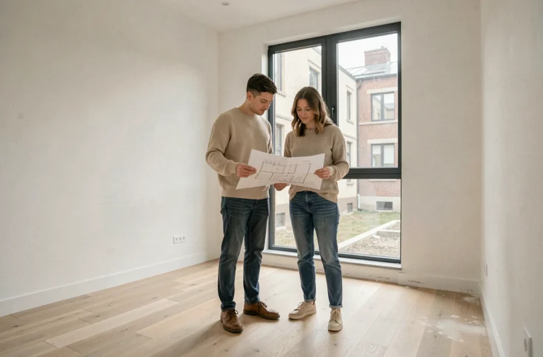 Couple de futurs parents examinant le plan d'un appartement T3 pour aménager une chambre enfant