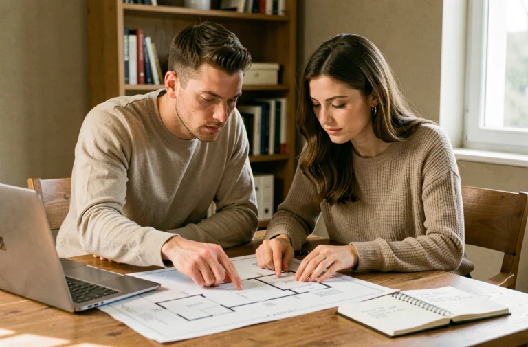 Couple étudiant des plans immobiliers et documents d'achat ensemble à une table en bois dans un appartement moderne