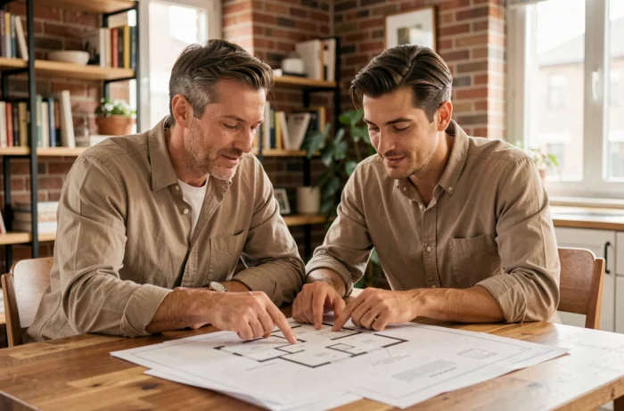 Couple examinant des plans immobiliers et des documents à une table en bois dans un appartement moderne