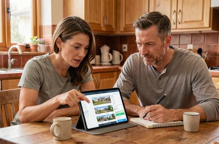 Couple recherchant ensemble des annonces immobilières sur une tablette autour d'une table de cuisine