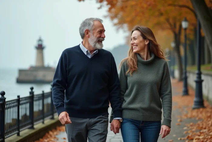 Couple senior distingué se promenant en riant sur une promenade côtière en automne, illustrant l'amour après 60 ans