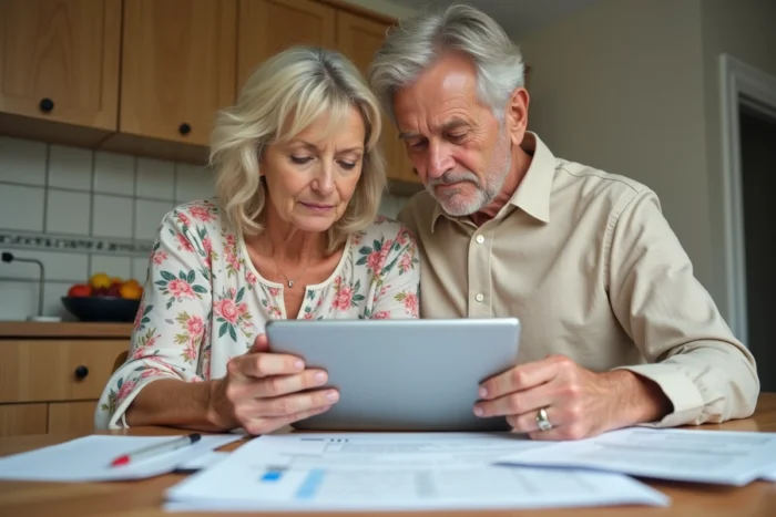 Couple de seniors consultant des documents administratifs sur une tablette pour envoyer leur dossier à Agirc-Arrco