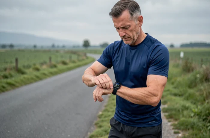 Coureur vérifiant sa montre GPS affichant des données de distance en miles et kilomètres sur une route de campagne