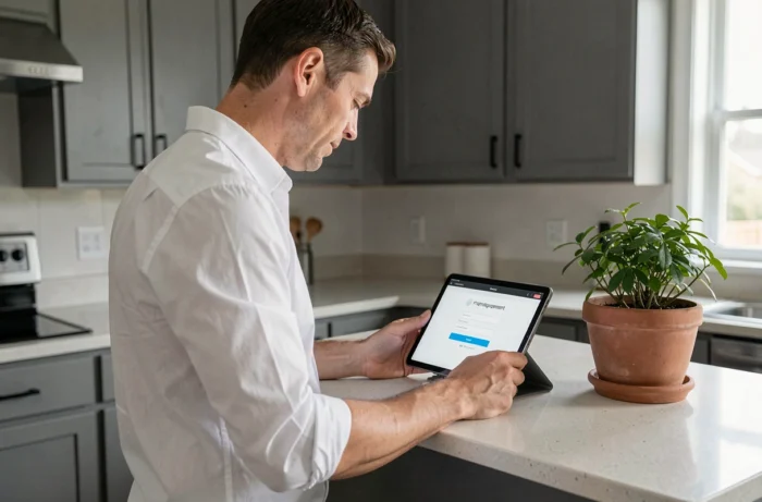 Homme créant un mot de passe sécurisé lors de sa première connexion à un espace locataire en ligne sur tablette