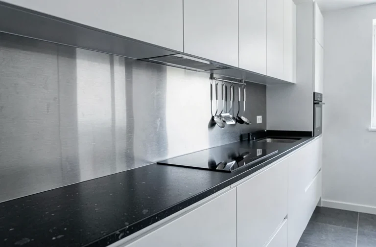 Crédence inox brossée sur mesure installée dans une cuisine moderne avec plan de travail en pierre noire et meubles blancs laqués