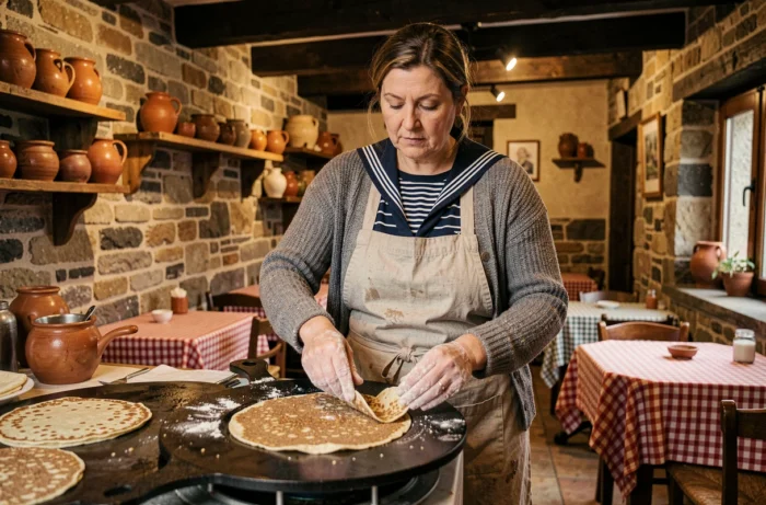 Femme bretonne préparant des galettes de sarrasin dans une crêperie traditionnelle à Quimper