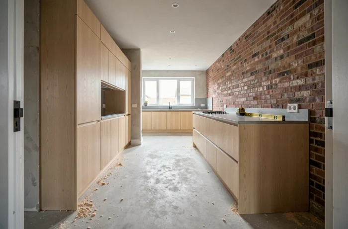 Cuisine moderne en cours de rénovation avec armoires en chêne clair et mur en briques apparentes