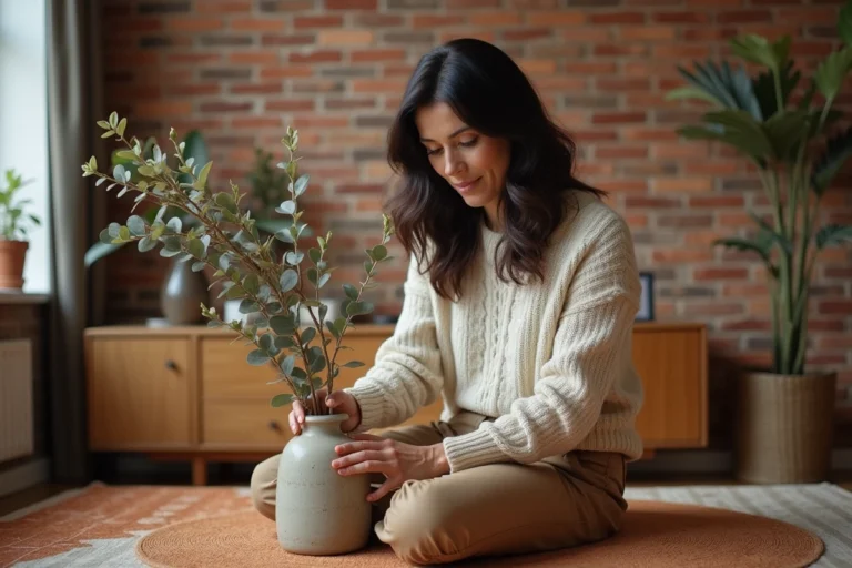 Femme décorant un intérieur chaleureux avec des branches séchées dans un vase en céramique sur un meuble en chêne