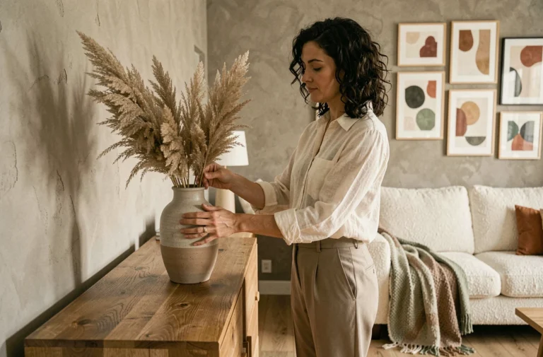 Femme arrangeant des herbes de pampa dans un vase en céramique dans un salon scandinave moderne