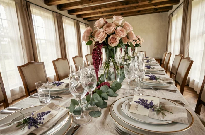 Table de réception de mariage élégamment dressée avec vaisselle en porcelaine, verres en cristal et fleurs de roses blush dans un château