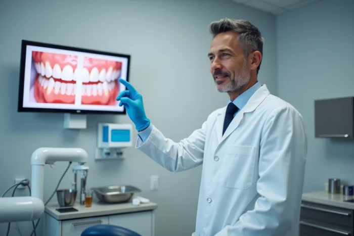 Dentiste expliquant les résultats avant après d'un traitement dans un cabinet The Smilist