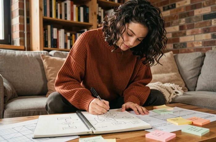 Designer web dessinant à la main un plan de site dans un carnet dans un studio créatif avec murs en briques apparentes
