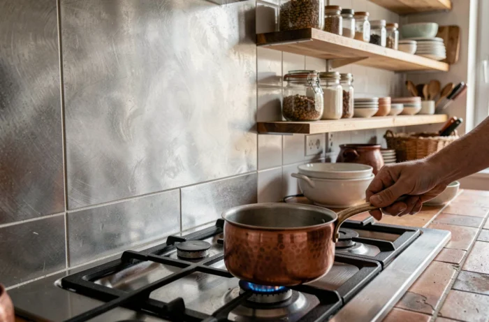 Gros plan sur une crédence inox brossée sur mesure derrière une gazinière dans une cuisine parisienne au style chaleureux