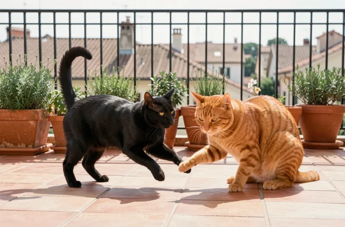 Deux chats adultes, un noir et un roux tigré, jouant ensemble sur un balcon méditerranéen avec des herbes aromatiques en pot