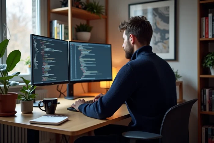 Développeur de startup travaillant sur du code dans un bureau à domicile à Bâle en Suisse