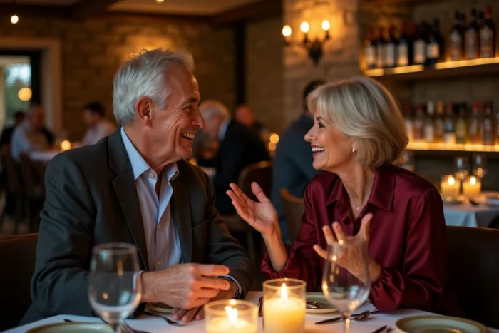 Dîner romantique entre deux seniors élégants dans un restaurant gastronomique, premier rendez-vous après 60 ans