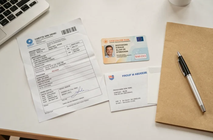 Liste des documents nécessaires pour un changement de carte grise posés sur un bureau