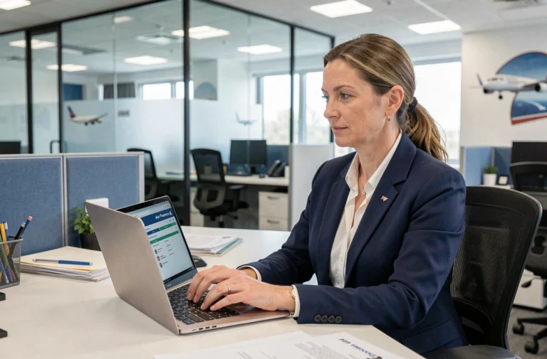 Employée Air France accédant à la plateforme IPN sur son ordinateur portable dans un bureau professionnel