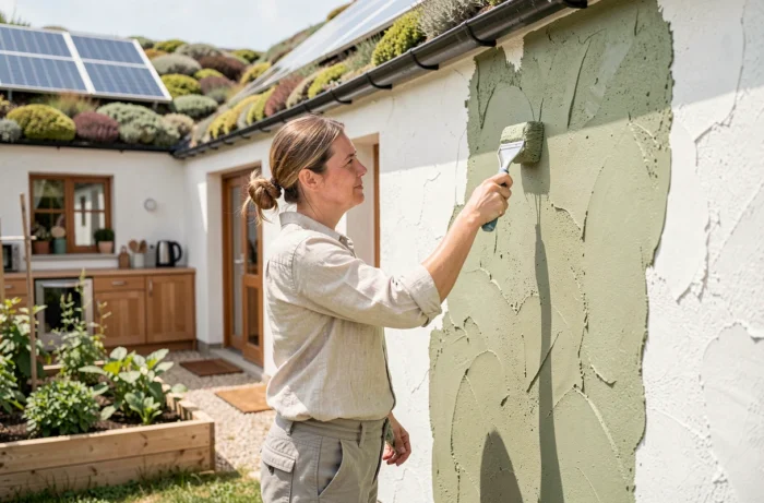 Une femme applique un enduit à la chaux sur le mur extérieur d'une maison écologique avec toit végétalisé et panneaux solaires visibles en arrière-plan