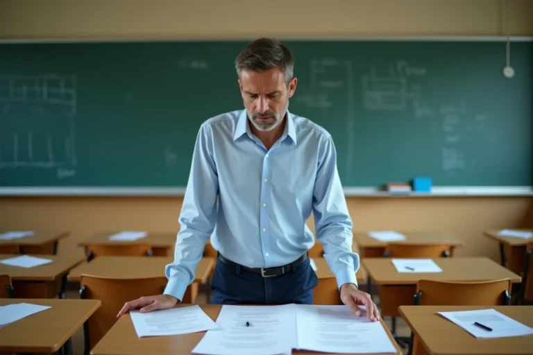 Enseignant de 40 ans consultant des documents dans une salle de classe vide, illustrant les enjeux du pacte enseignant 2026