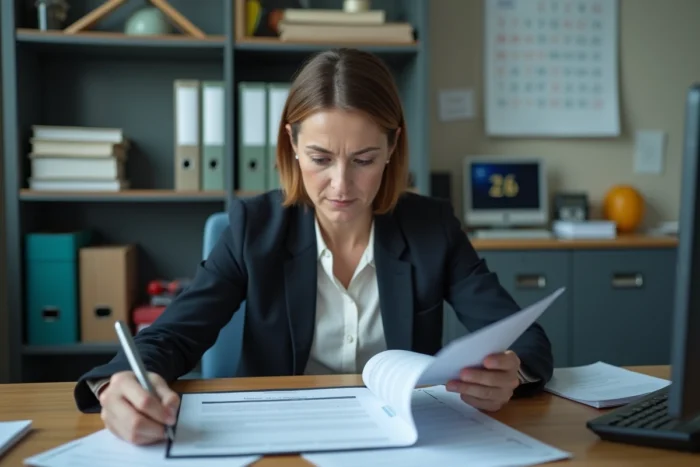Enseignante lisant un document officiel dans un bureau administratif scolaire, thème reconduction pacte enseignant 2026