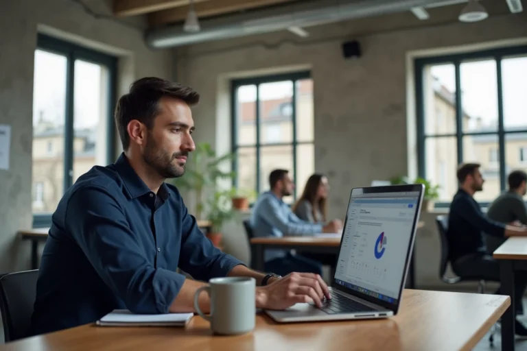 Entrepreneur français concentré sur les analytics de son site web dans un espace de coworking parisien
