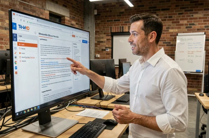 Entrepreneur en startup présentant la structure des mentions légales obligatoires d'un site e-commerce sur un grand écran