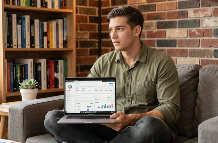Un jeune entrepreneur consultant ses statistiques de visibilité SEO sur un ordinateur portable à domicile