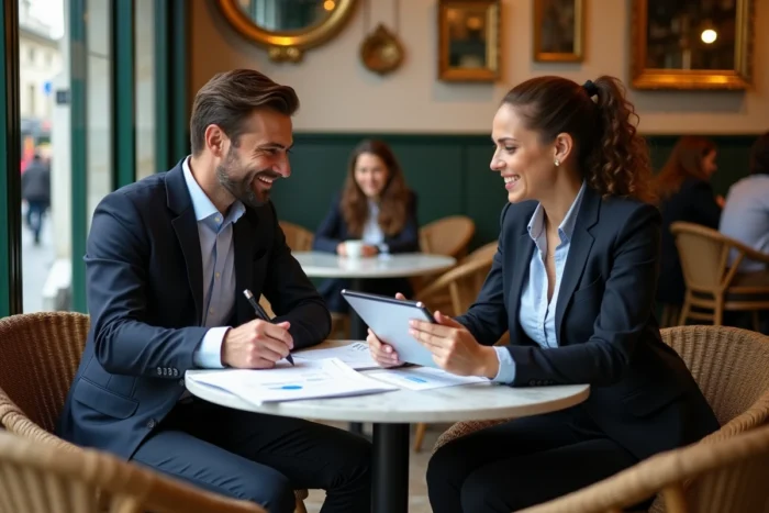 Deux entrepreneurs français collaborant sur une stratégie web dans un café parisien
