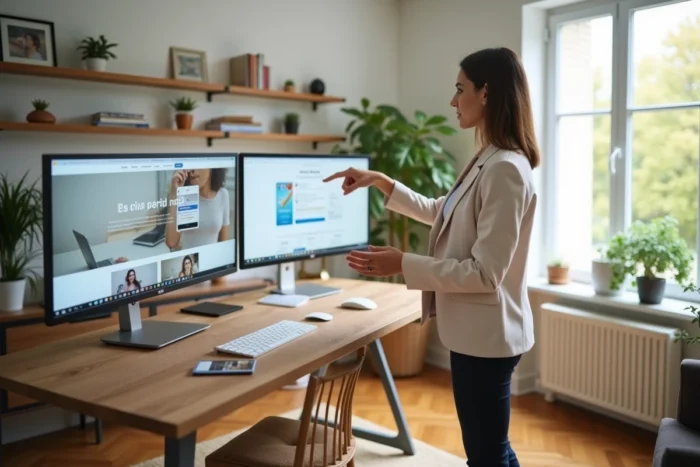 Entrepreneuse française travaillant sur son e-commerce depuis son bureau à domicile