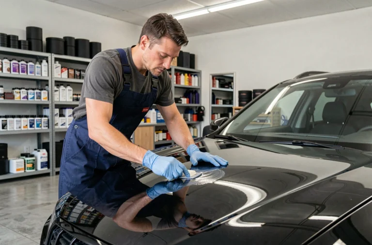 Homme appliquant un revêtement céramique sur une voiture noire dans un garage moderne et organisé