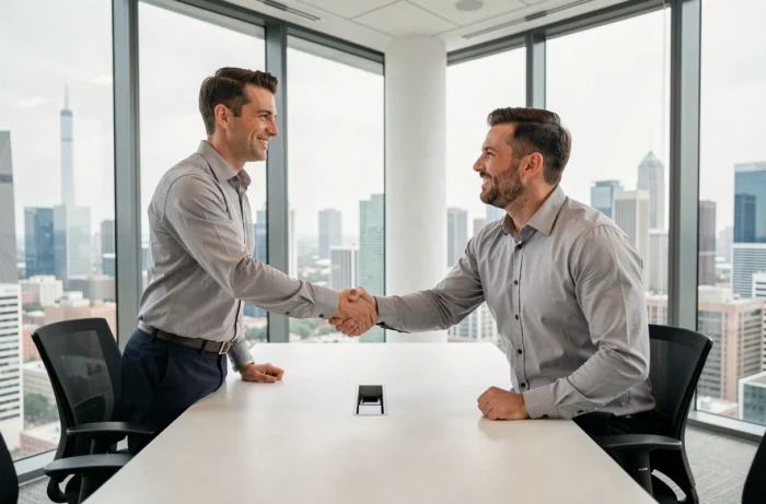 Homme en chemise grise serrant la main d'un recruteur lors d'un entretien d'embauche dans une salle de réunion moderne avec vue sur la ville