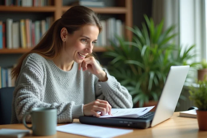 Femme scannant des documents administratifs à son bureau à domicile pour les envoyer en ligne à Agirc-Arrco