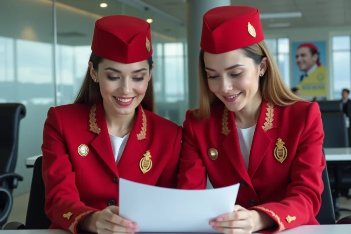 Deux hôtesses de l'air Emirates consultant un document de briefing dans un salon d'équipage professionnel