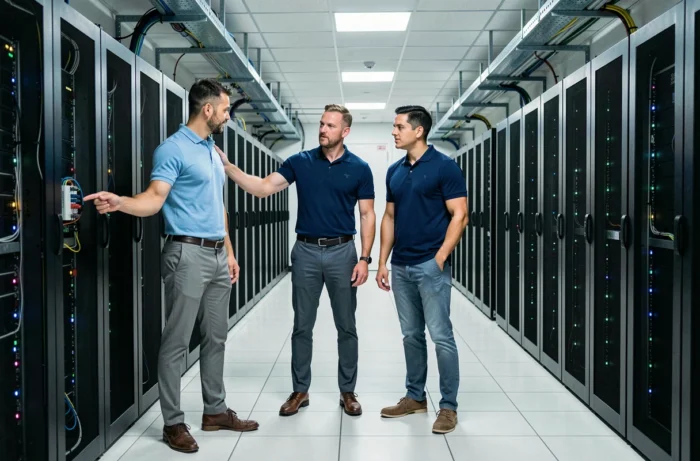 Équipe informatique professionnelle travaillant dans une salle de serveurs pour optimiser l'infrastructure réseau d'une entreprise