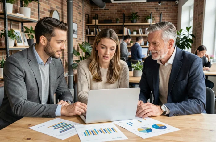 Équipe de partenaires immobiliers analysant des données de marché ensemble dans un espace de coworking